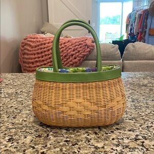 Wicker woven basket purse w/ green leather